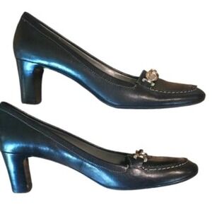 Etienne Aigner Mandy Black Leather Pumps Silver Logo Accent  Size 7
